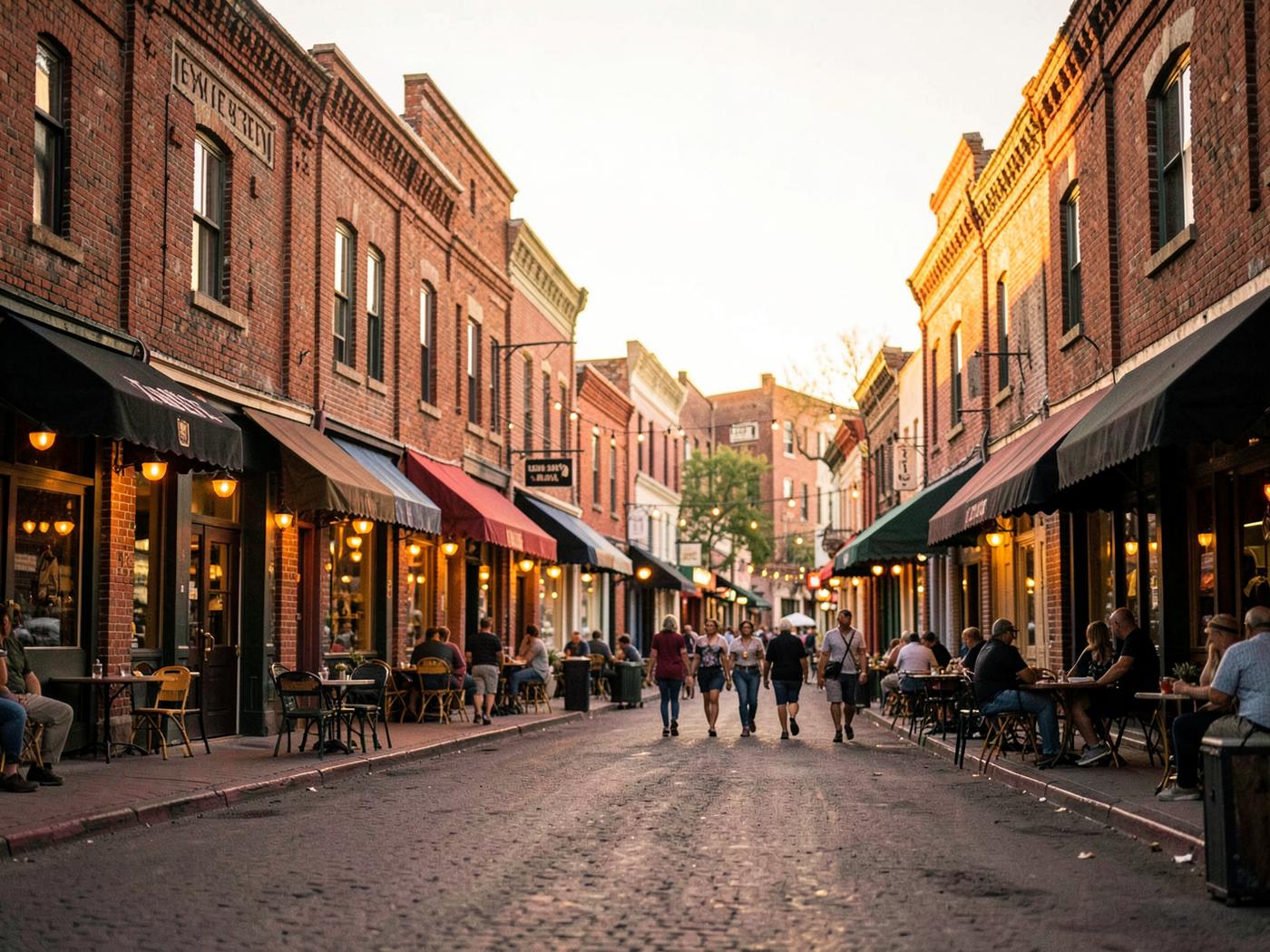 A small-town square at golden hour, representing the Fall edition.