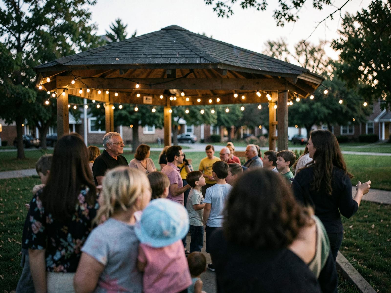 Neighbors gathered under string lights at a community pavilion at dusk.