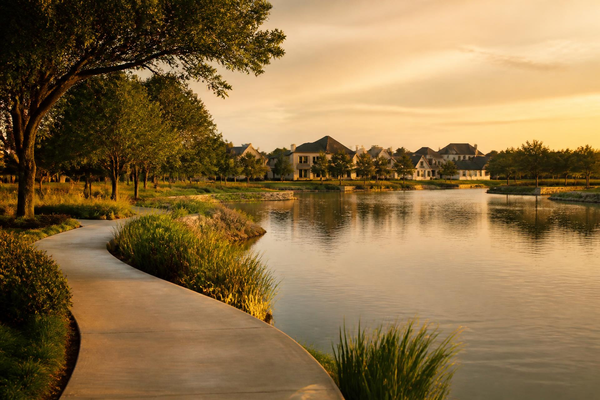 A lakeside walking path in a North Texas community at golden hour.
