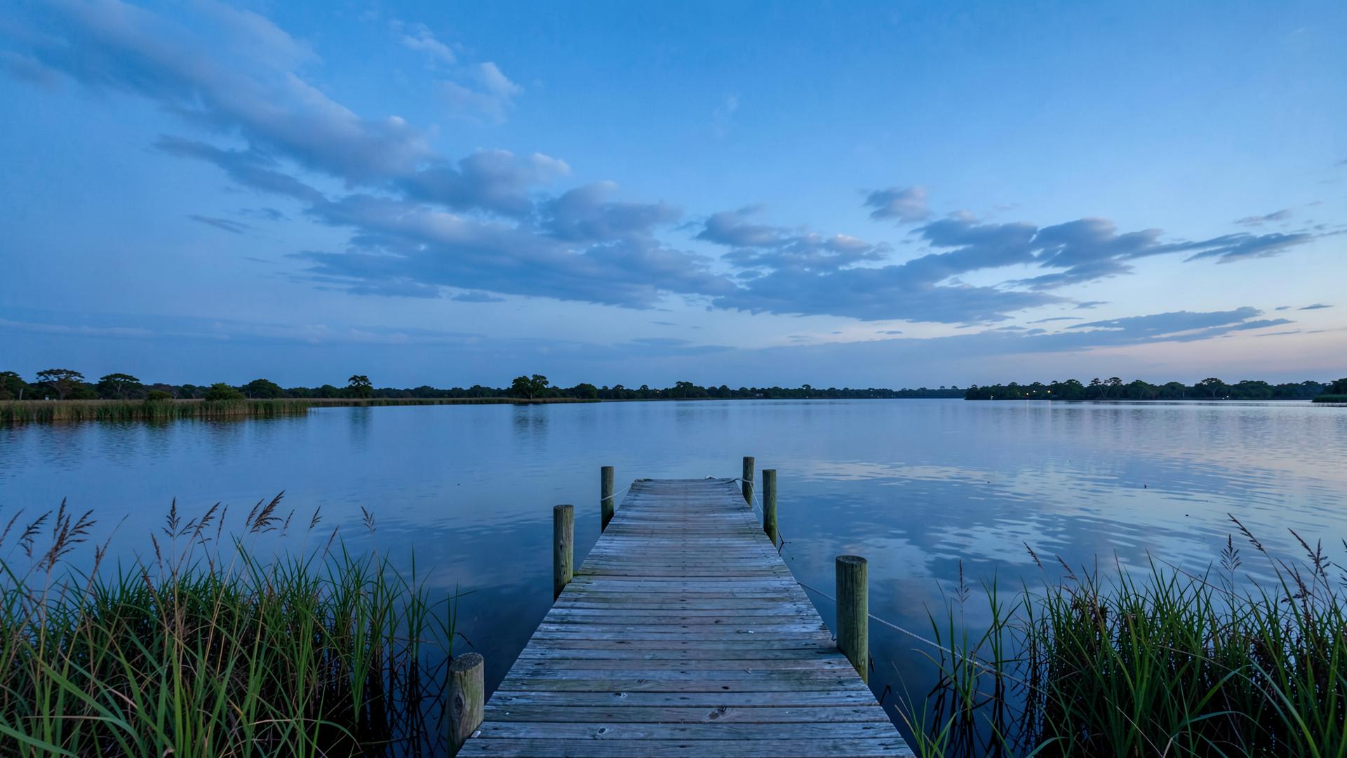 A quiet lakeside dock and walking path at golden hour. Not a depiction of a specific resident or event.