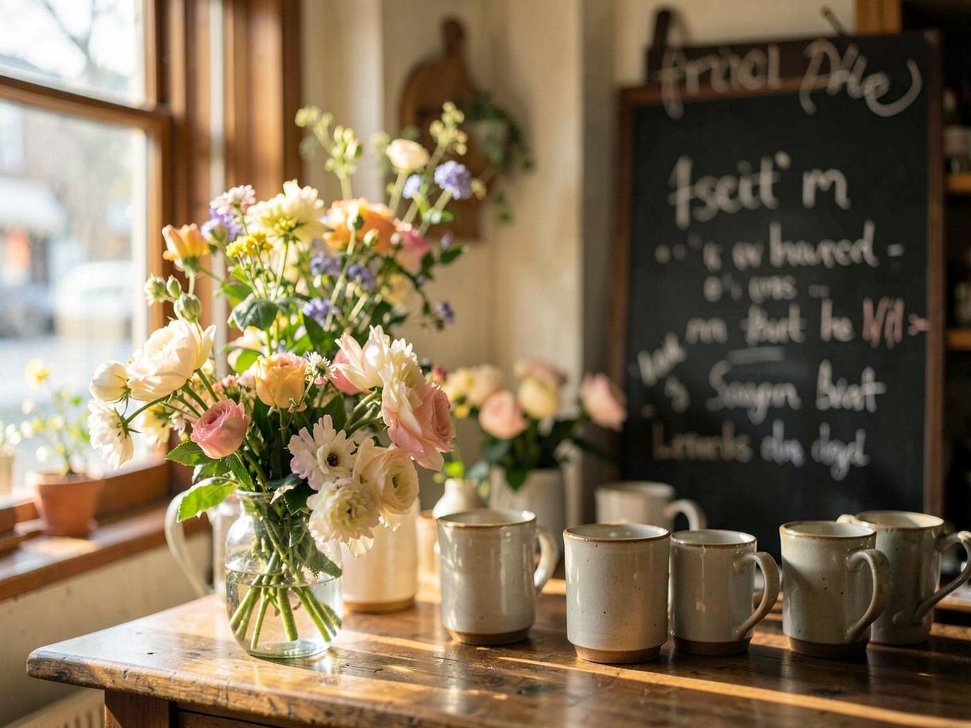 Flowers and handmade mugs arranged on a small local shop counter.