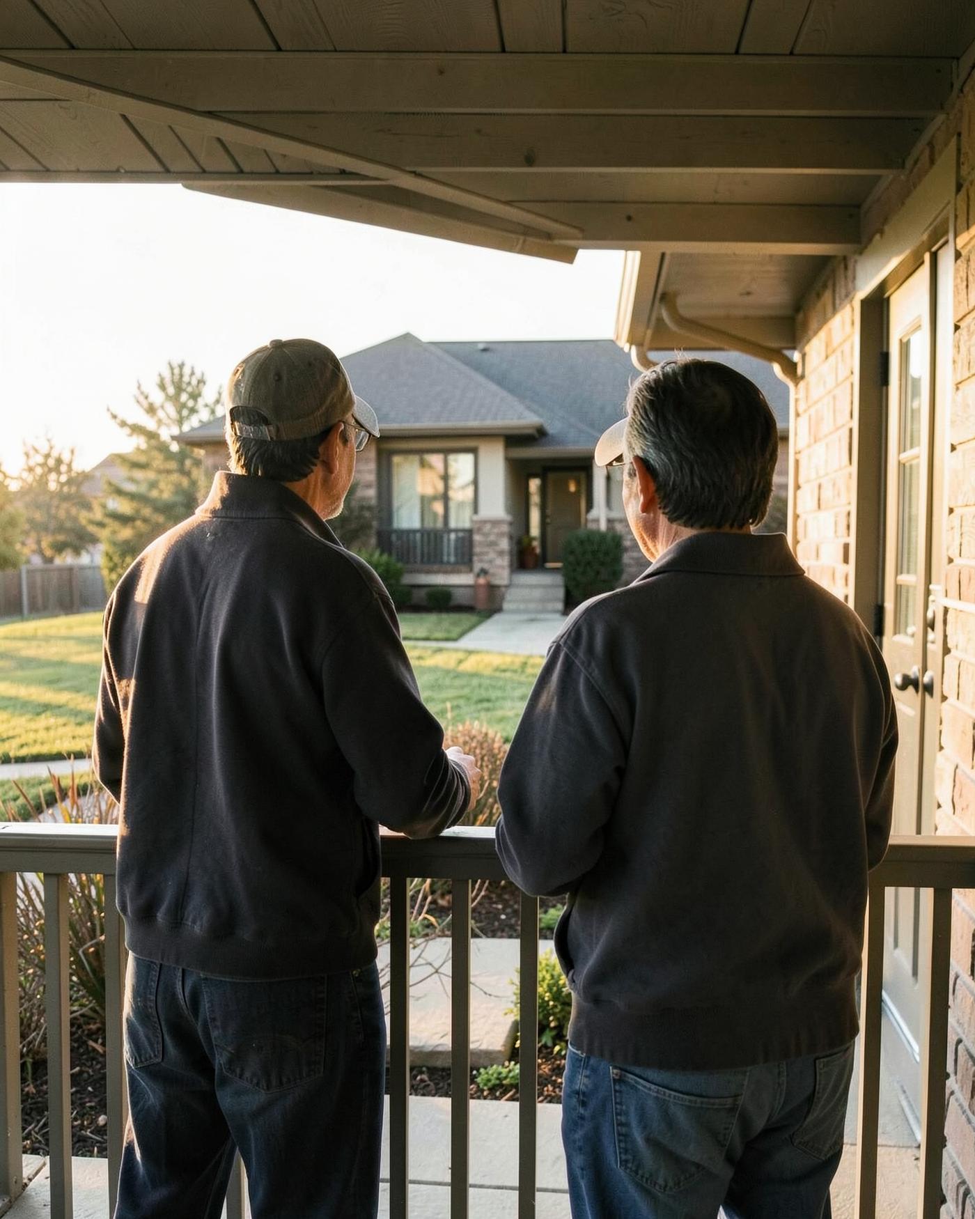 Two neighbors talking across a front porch railing in evening light.
